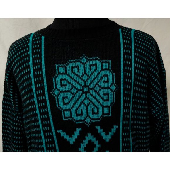 Vtg. G.F.C. Womens M/L Black Aqua Geometric Long Sleeve Made in NY USA Sweater - Picture 4 of 12